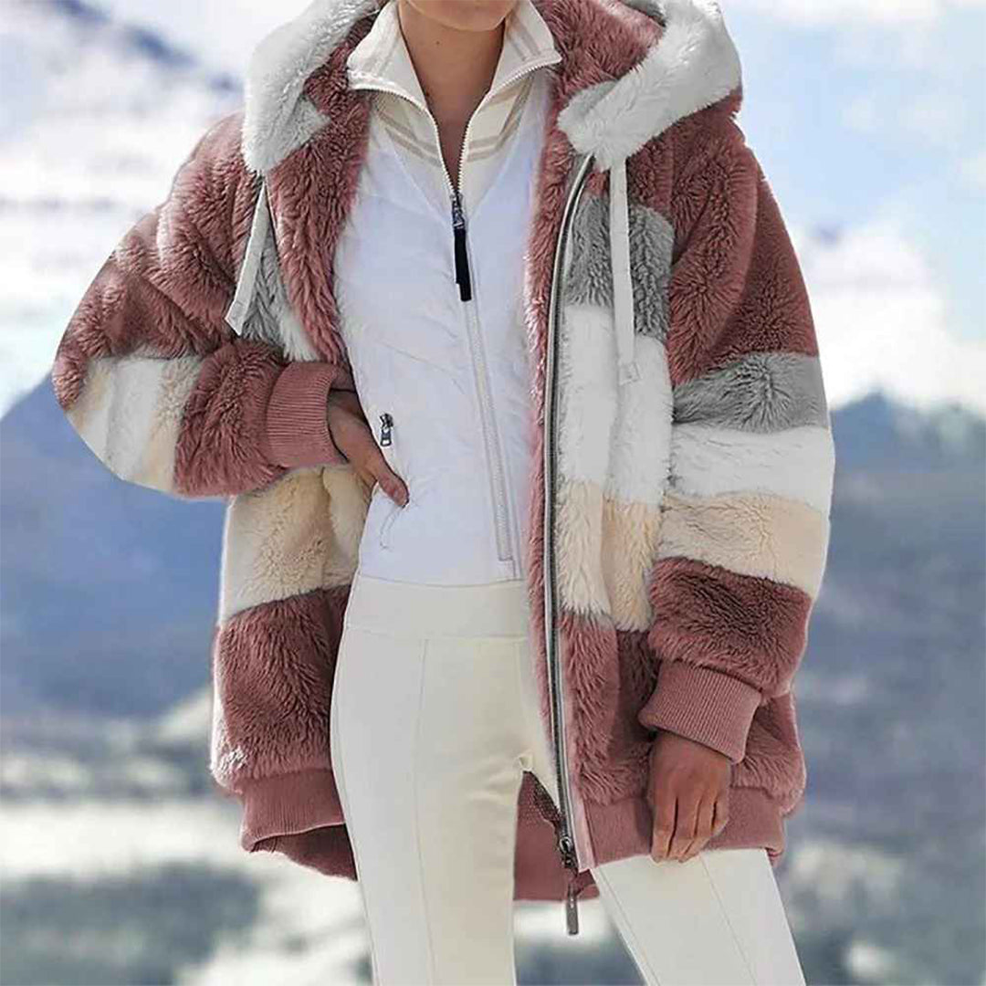 Harlow pink color block hooded fleece jacket, front view on model