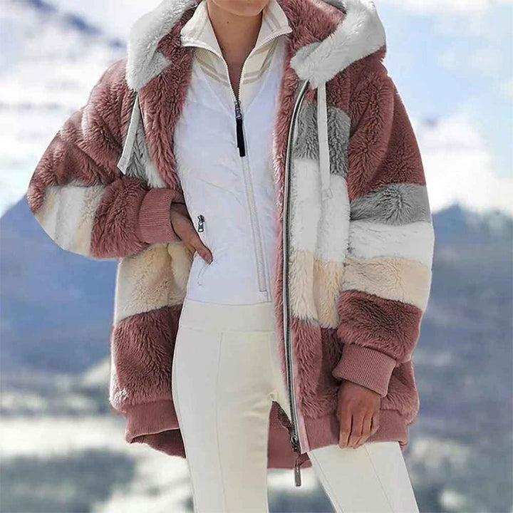 Harlow pink color block hooded fleece jacket, front view on model