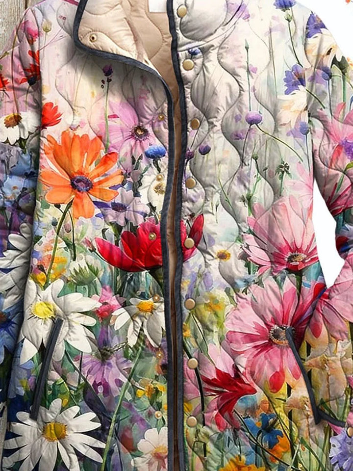 Harlow floral print quilted jacket close-up detail showing snap buttons and collar