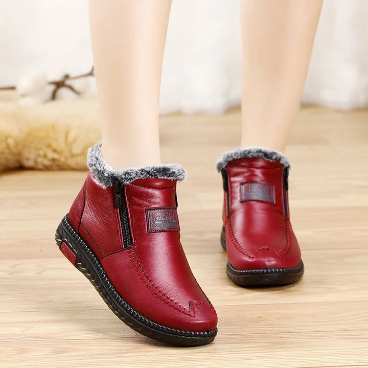 Harlow fur trim ankle boots in red, back view on model