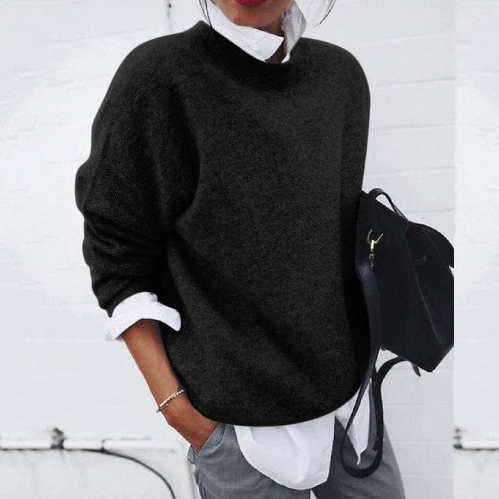 Harlow loose fit mock neck sweater in black, front view