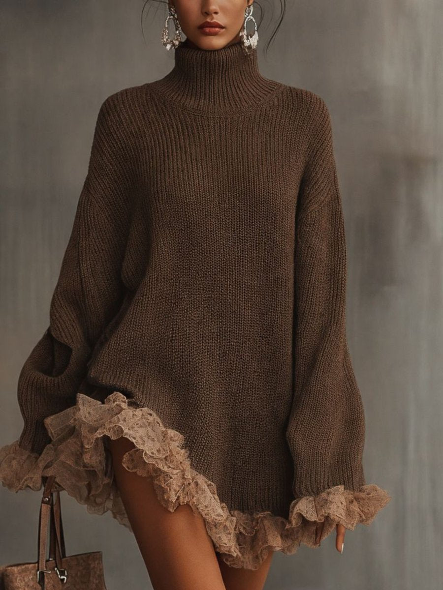 Harlow oversized turtleneck sweater dress with ruffle hem, front view