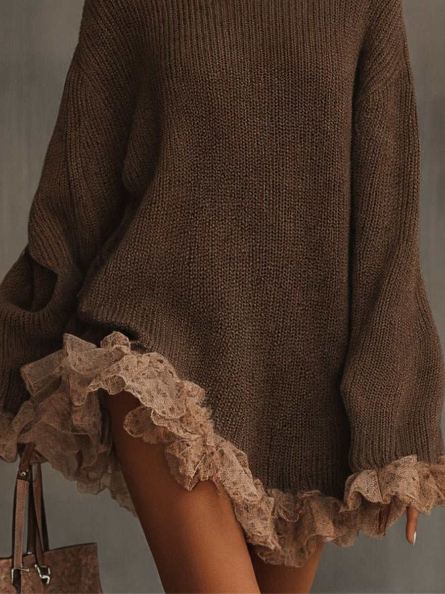 Close-up of ruffle trim detail on Harlow sweater dress sleeve and hem