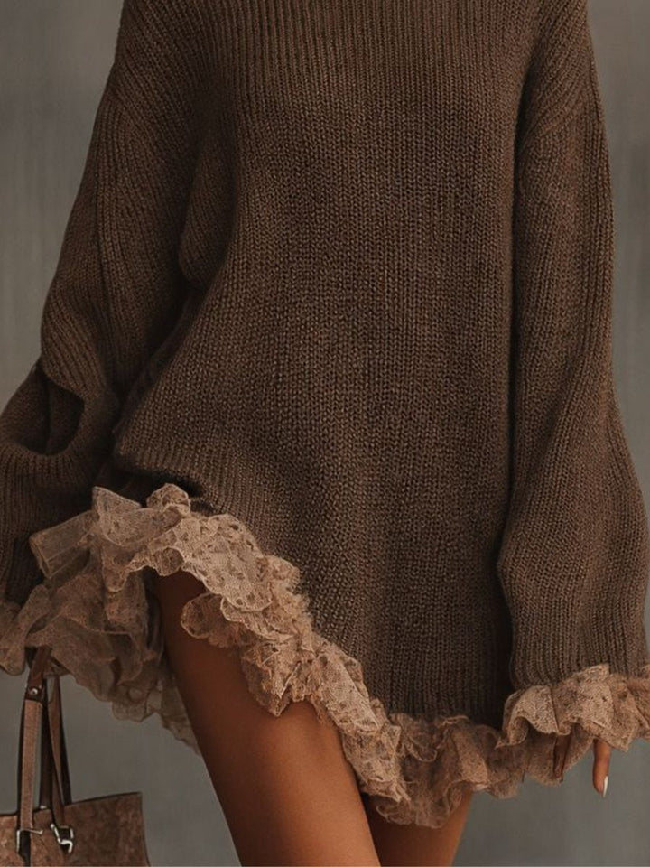 Close-up of ruffle trim detail on Harlow sweater dress sleeve and hem