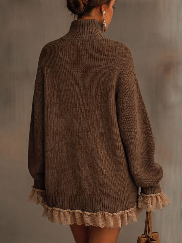 Harlow turtleneck sweater dress back view, oversized fit