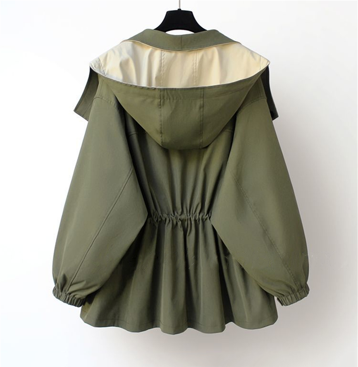 Harlow hooded jacket back view showing drawstring waist and hood