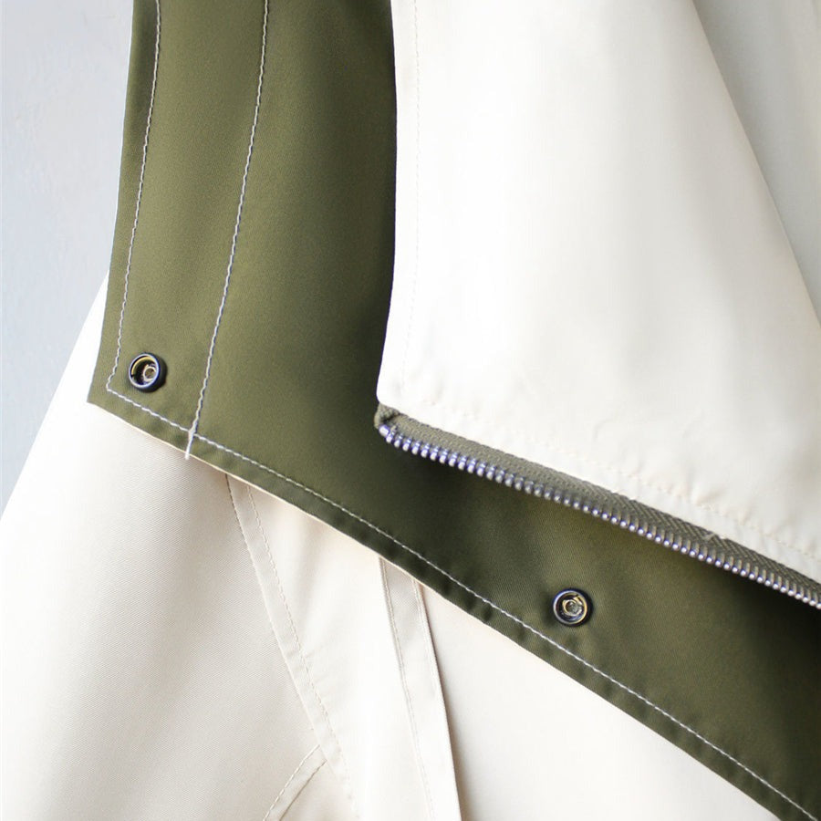 Close-up of Harlow jacket zipper and snap button detail