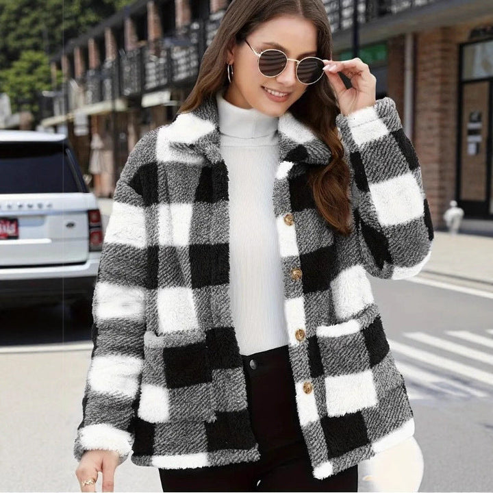 Harlow black and white plaid button front shacket, front view with sunglasses