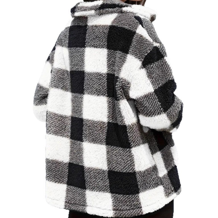 Harlow black and white plaid shacket, front view close up on buttons and pockets