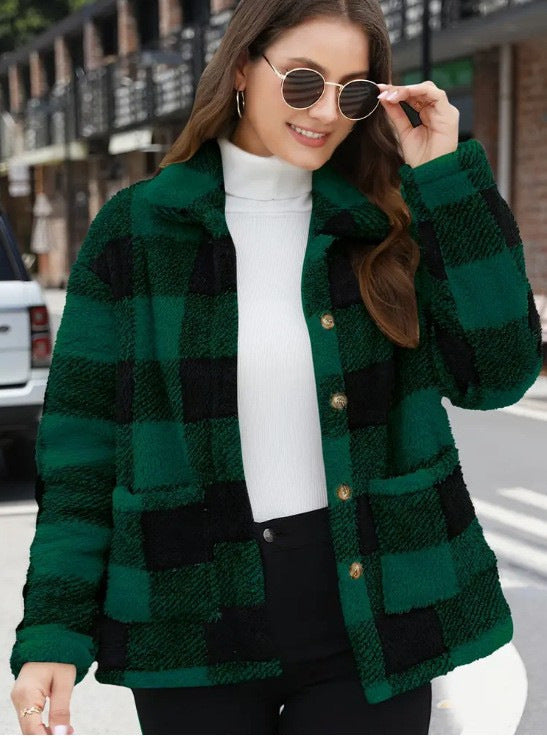 Harlow black and white plaid shacket, front view close up on buttons and pockets