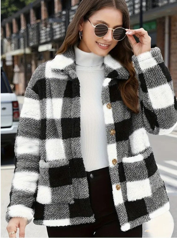 Harlow black and white plaid shacket, front view close up on buttons and pockets