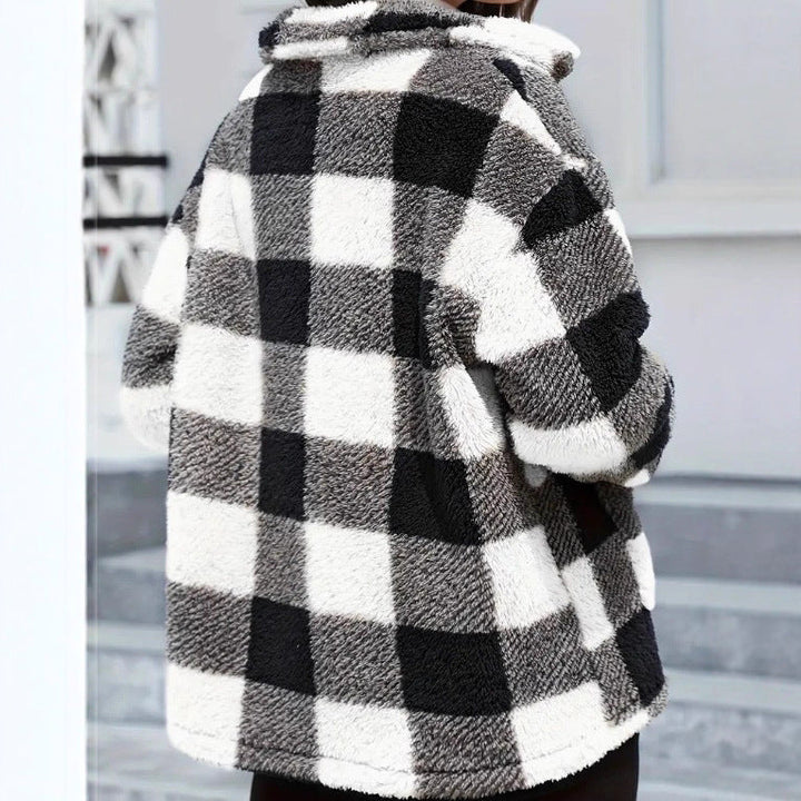Harlow black and white plaid shacket, back view