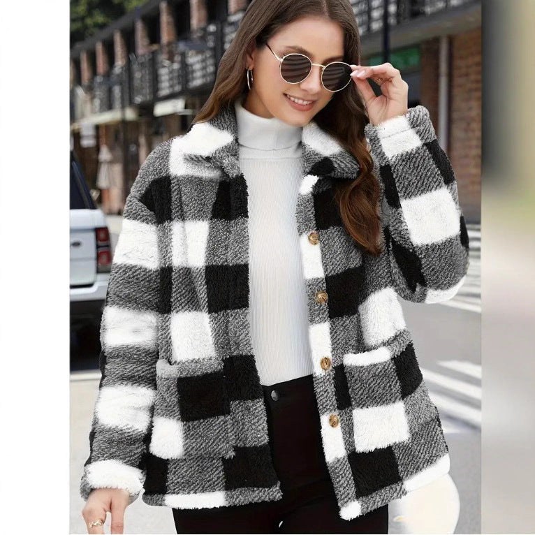 Harlow black and white plaid shacket, front view close up on buttons and pockets