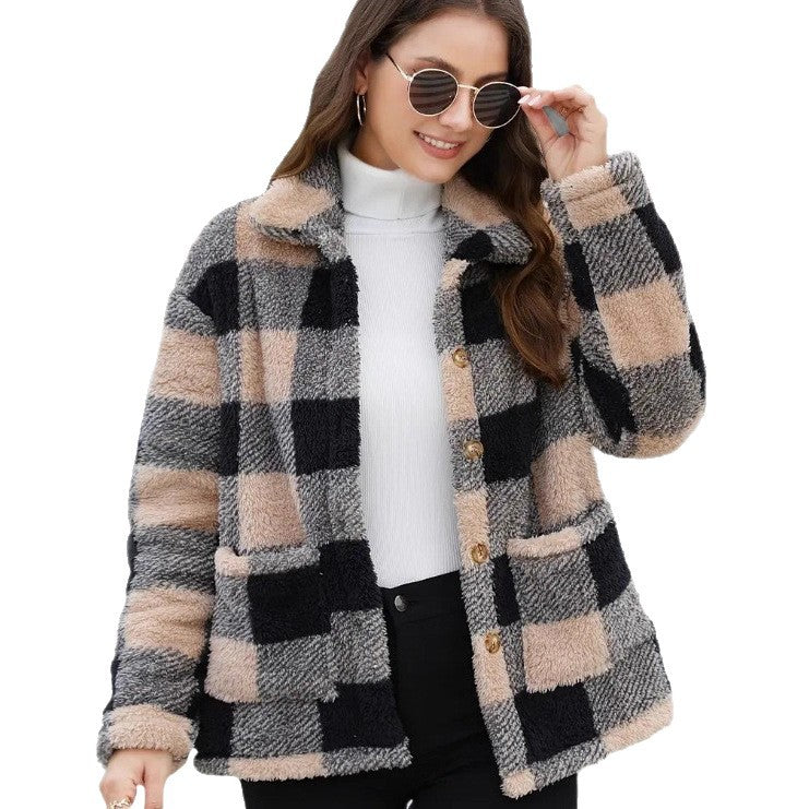 Harlow black and white plaid shacket, front view close up on buttons and pockets