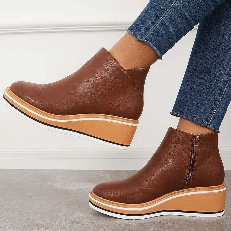 Harlow brown wedge boots side view with raised heel