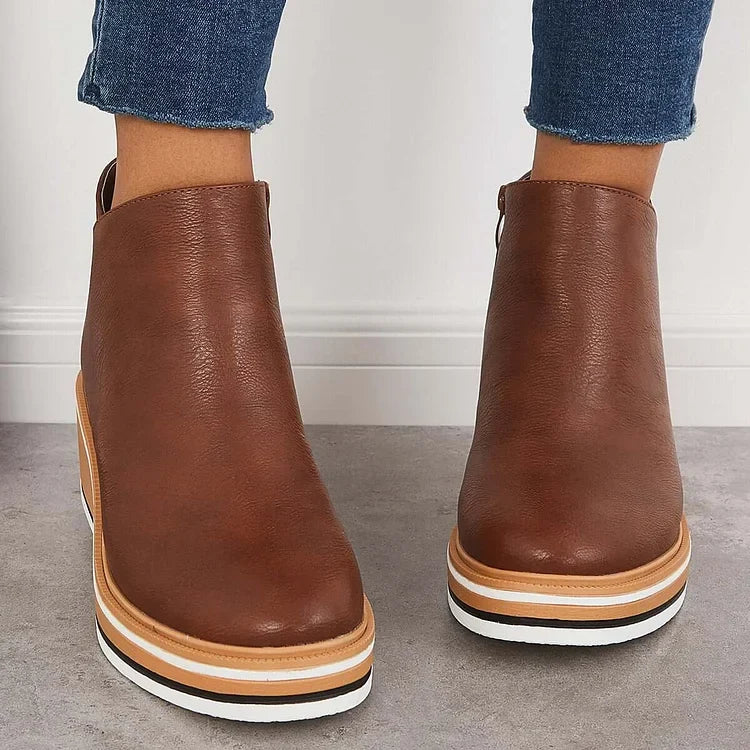 Harlow brown ankle boots back view showing wedge sole
