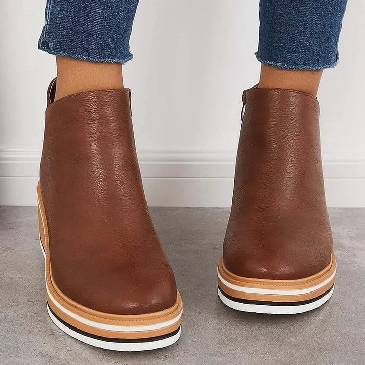 Harlow brown ankle boots back view showing wedge sole