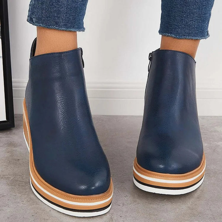 Harlow navy ankle boots back view with zip closure