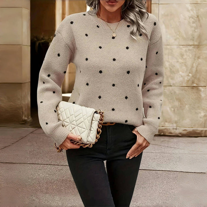 Harlow polka dot knit sweater with handbag, front view