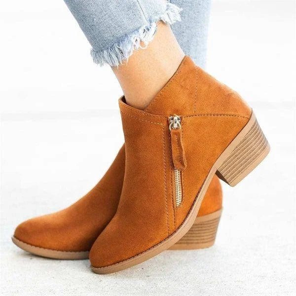 Harlow tan ankle boots with side-zip design, side profile view