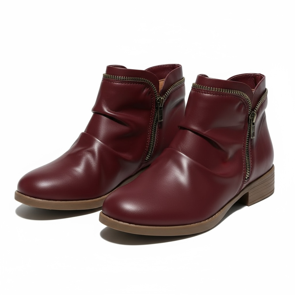Harlow slouch zipper ankle boots in burgundy, front angled pair view