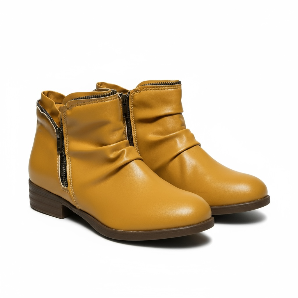 Harlow slouch zipper ankle boots in mustard yellow, front angled pair view