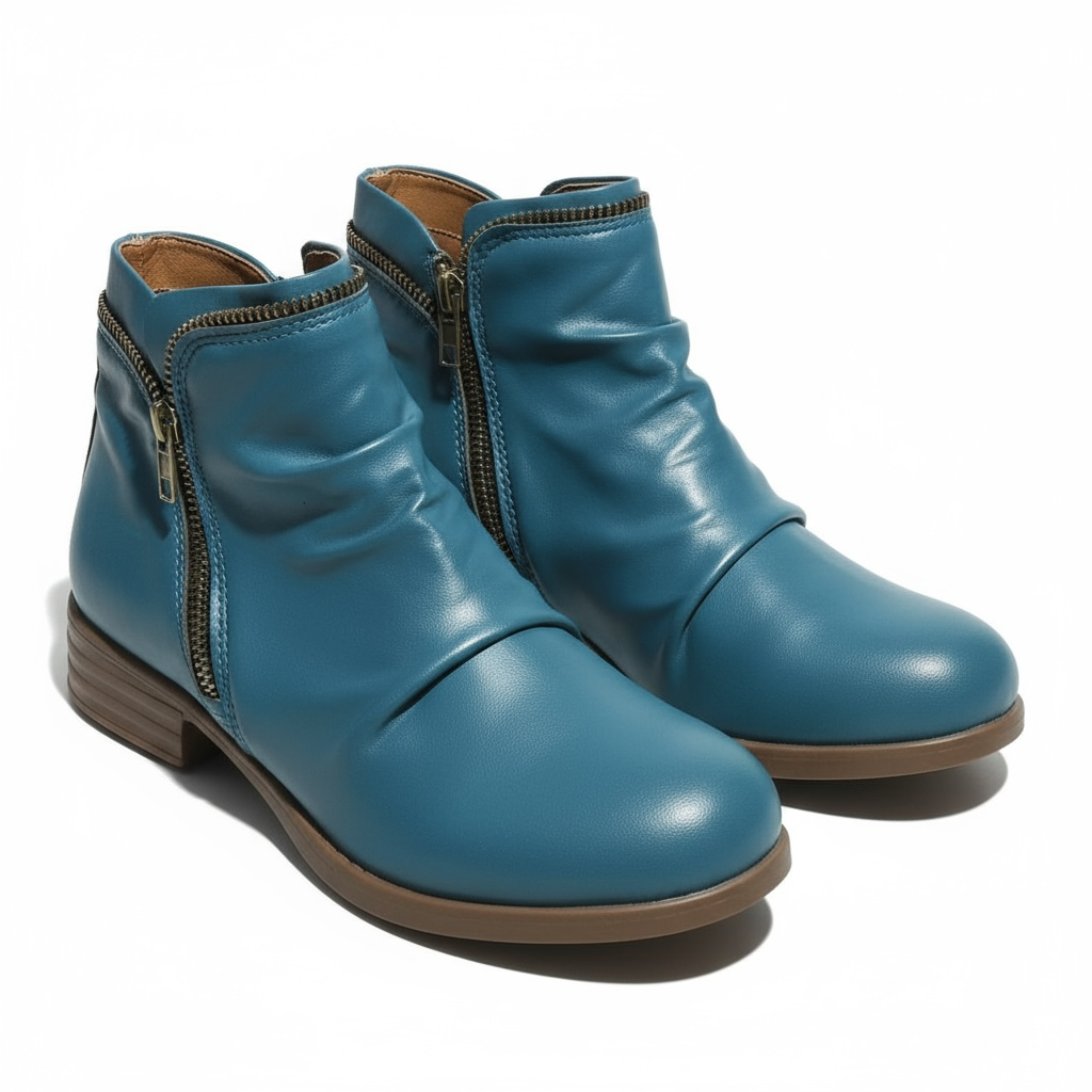 Harlow slouch zipper ankle boots in teal, front angled pair view