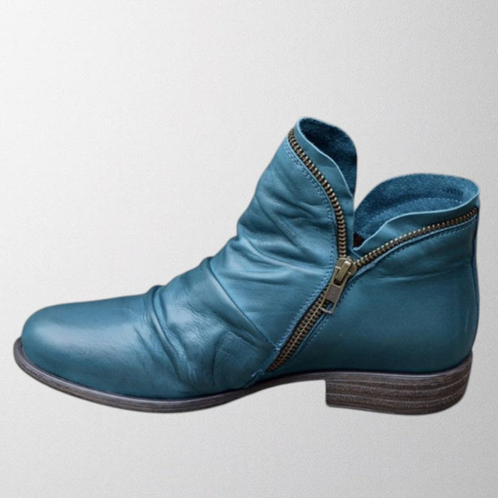 Harlow slouch zipper ankle boot in teal, side view