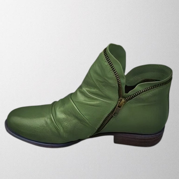 Harlow slouch zipper ankle boot in green, side view