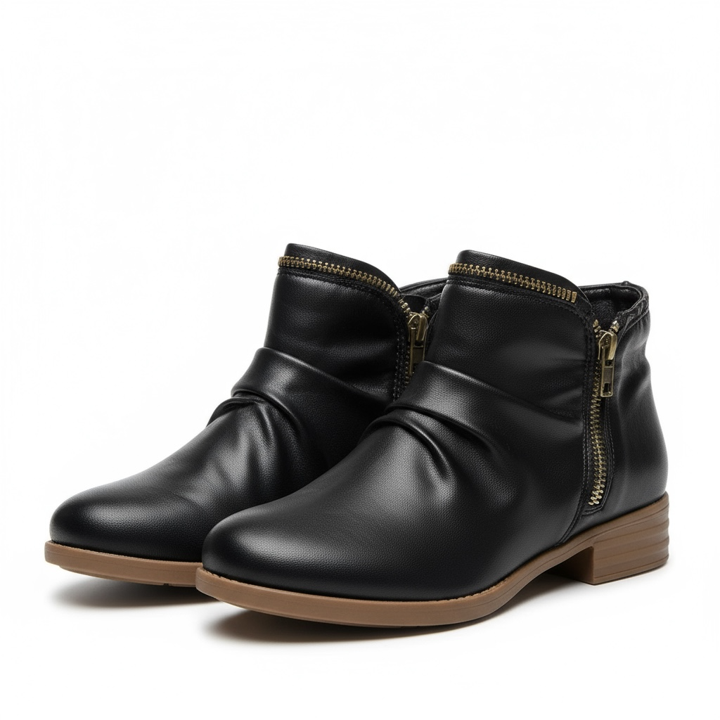 Harlow slouch zipper ankle boots in black, front angled pair view
