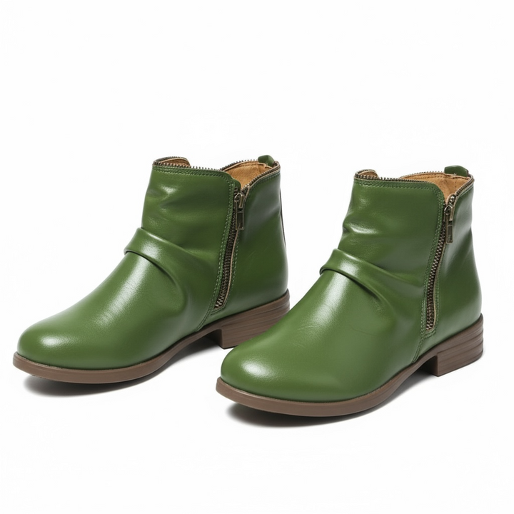 Harlow slouch zipper ankle boots in green, front angled pair view