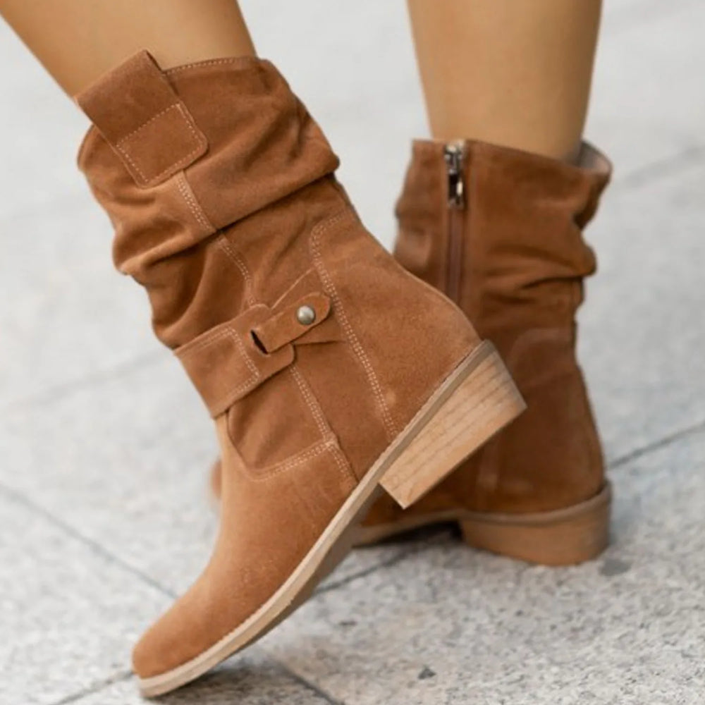 Harlow slouchy suede mid-calf boots in cognac, back view showing zipper and heel