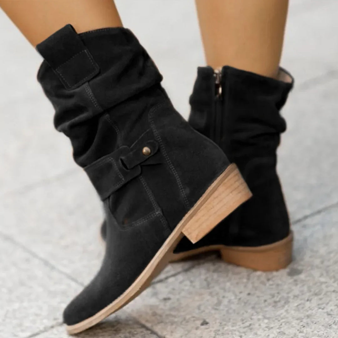 Harlow slouchy suede mid-calf boots in black, back view showing zipper and heel
