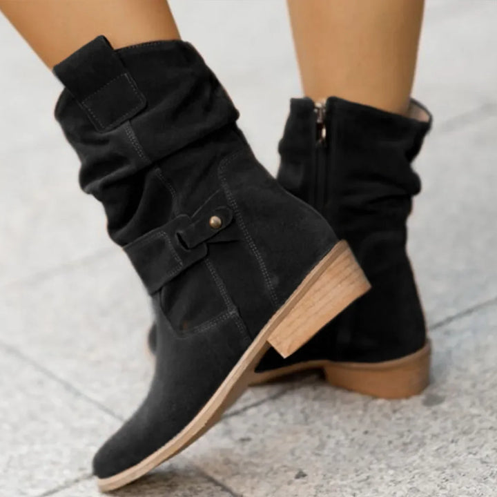 Harlow slouchy suede mid-calf boots in black, back view showing zipper and heel