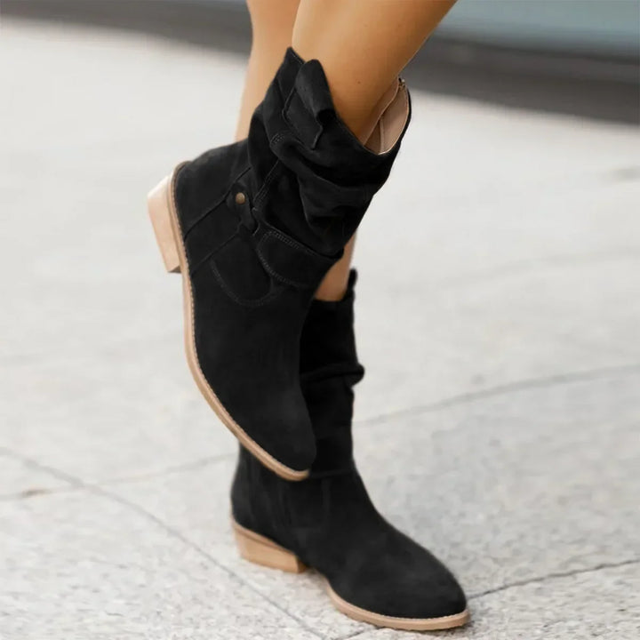 Harlow slouchy suede mid-calf boots in black, side view on model