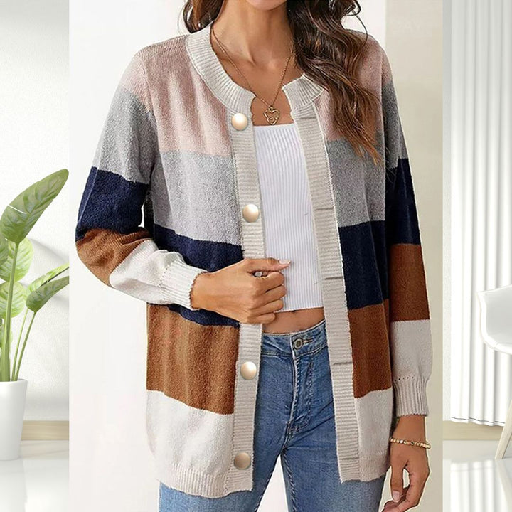 Harlow brown striped colorblock long sleeve cardigan, front view
