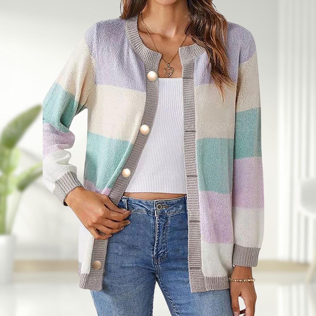 Harlow pastel striped open front knit cardigan, front view