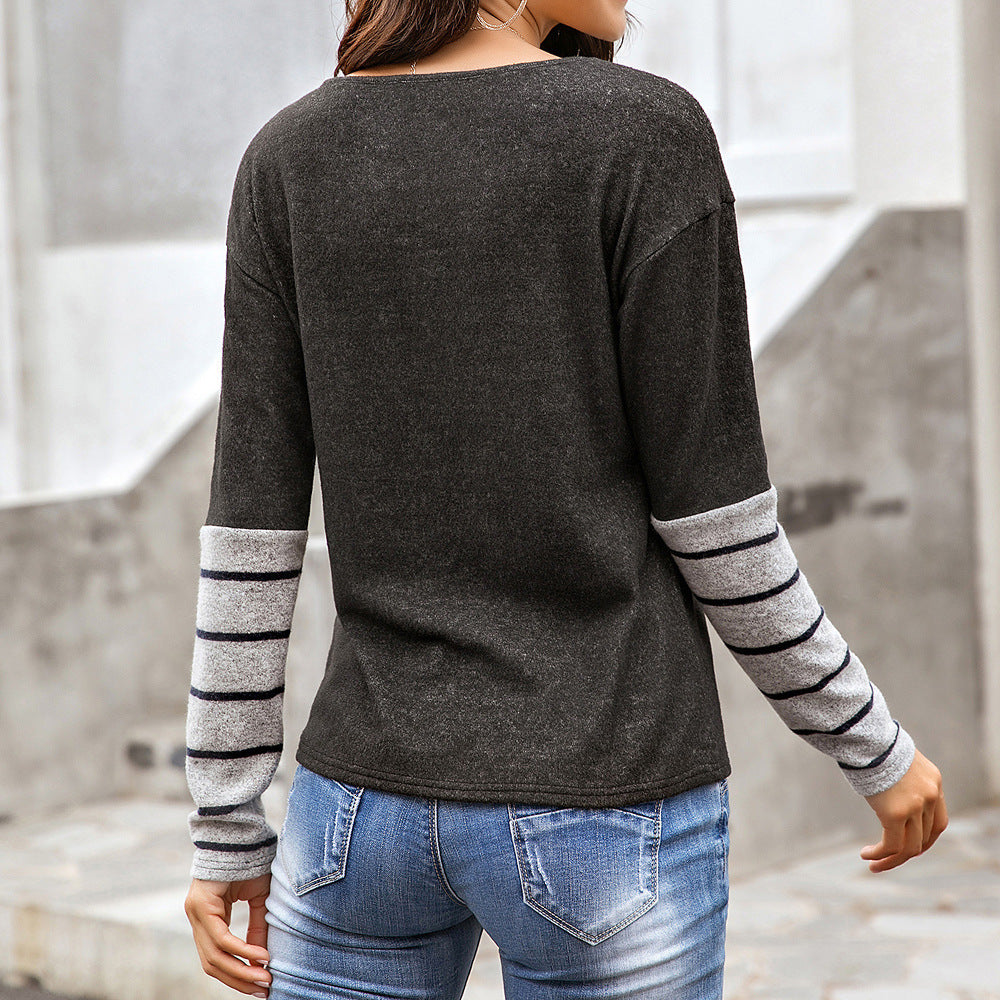 Harlow striped cuff long sleeve top in charcoal, back view