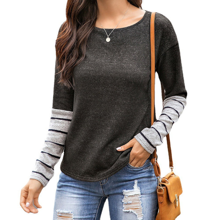 Harlow striped cuff long sleeve top in charcoal, front view with crossbody bag