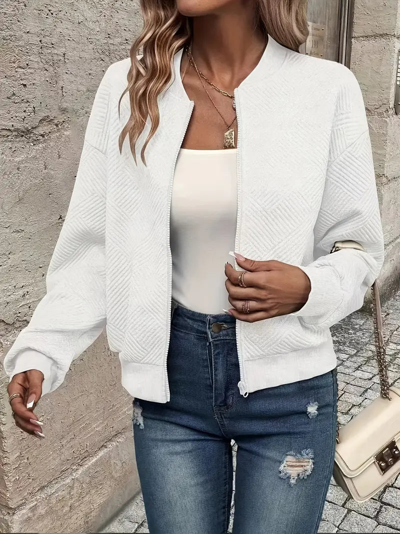 Harlow textured zip-up bomber jacket in white, front view open with white tank top