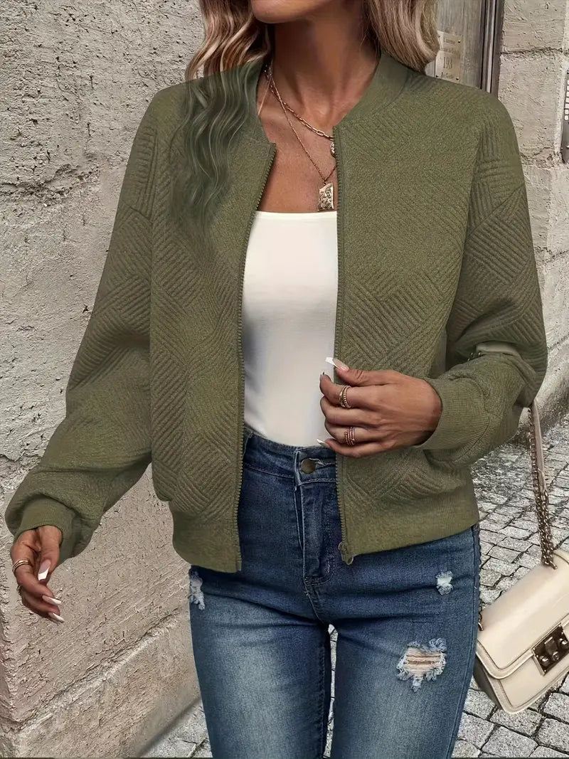 Harlow textured zip-up bomber jacket in olive green, front view open