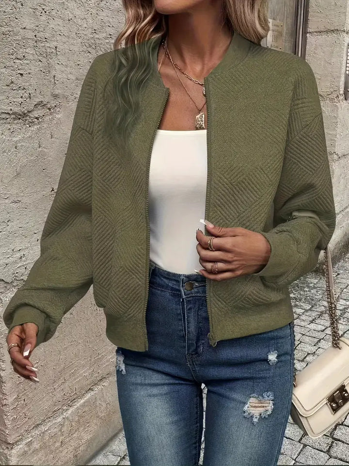 Harlow textured zip-up bomber jacket in olive green, front view open