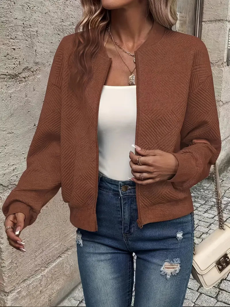 Harlow textured zip-up bomber jacket in dark brown, front view open