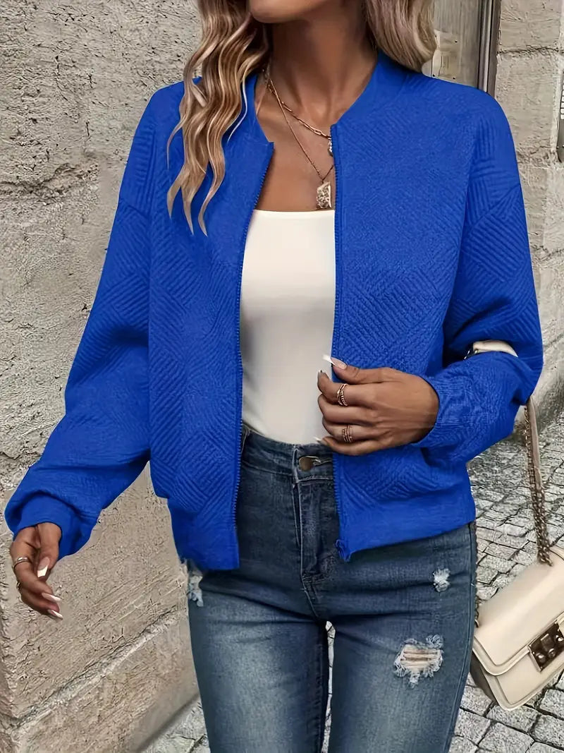 Harlow textured zip-up bomber jacket in blue, front view open