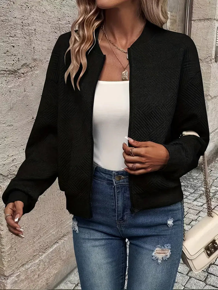 Harlow textured zip-up bomber jacket in black, front view open