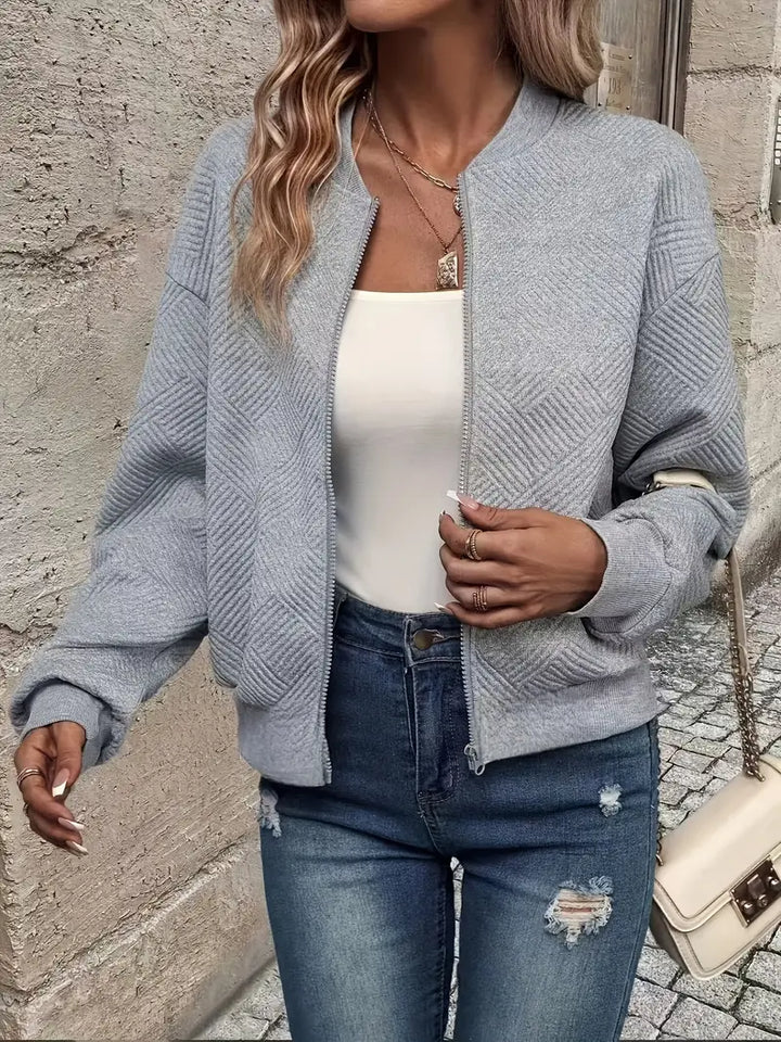 Harlow textured zip-up bomber jacket in gray, front view open