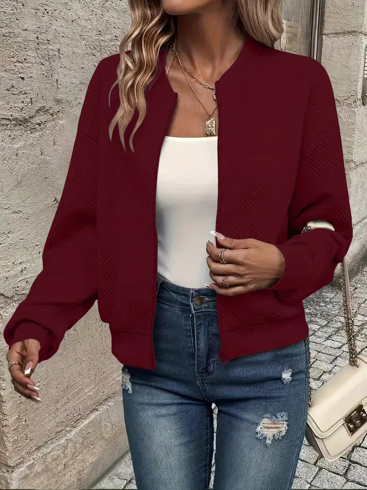 Harlow textured zip-up bomber jacket in burgundy, front view open