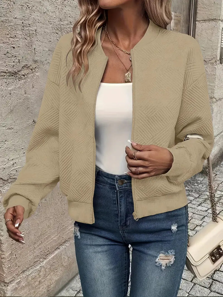 Harlow textured zip-up bomber jacket in khaki, front view open