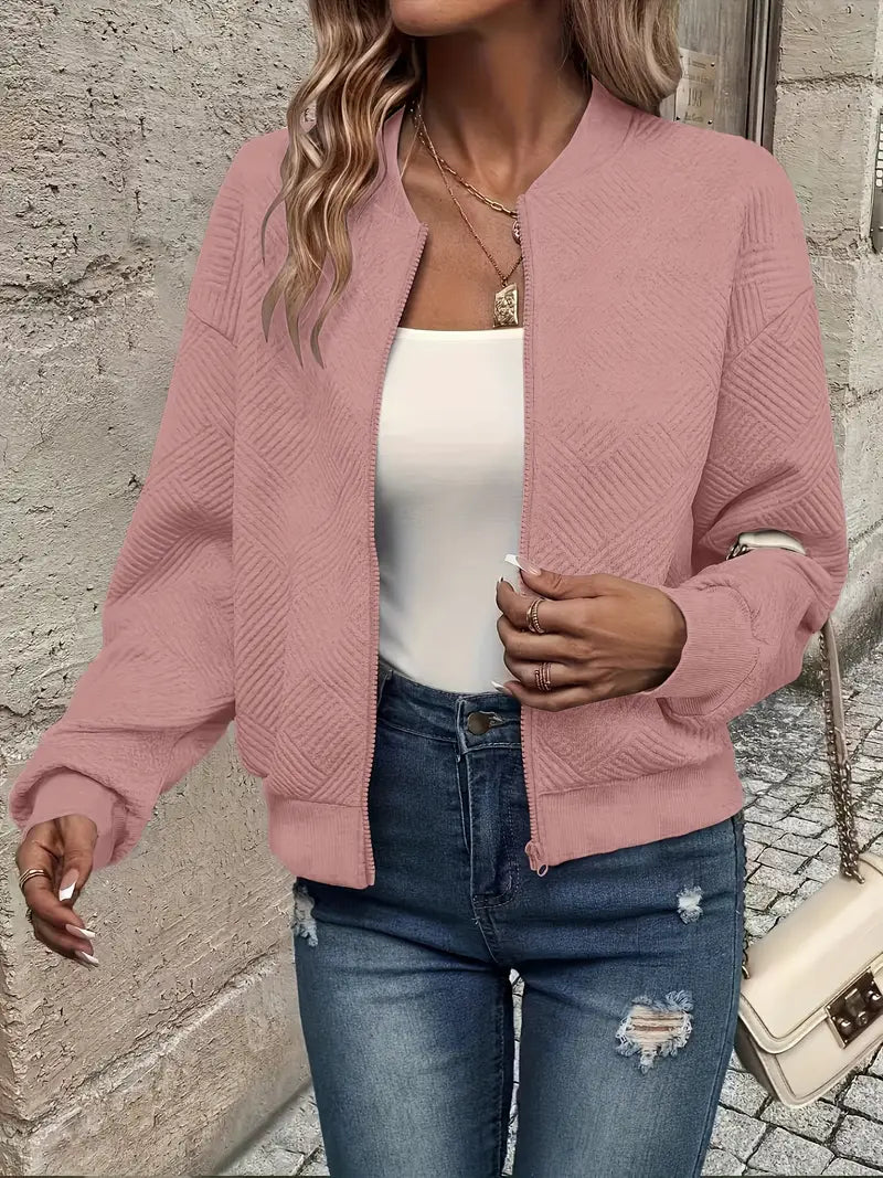 Harlow textured zip-up bomber jacket in pink, front view open