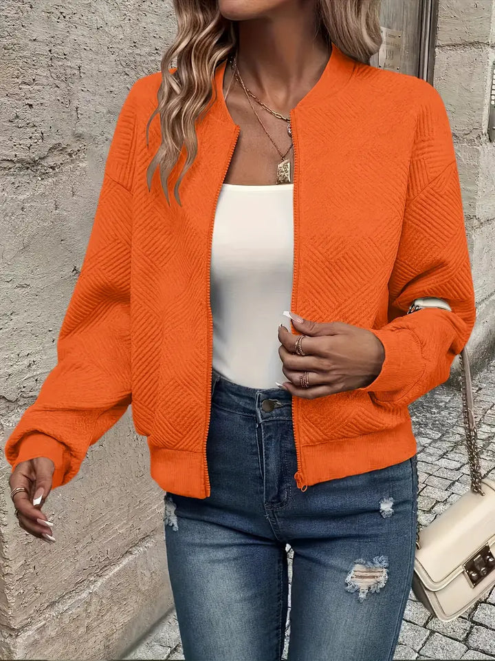 Harlow textured zip-up bomber jacket in orange, front view open